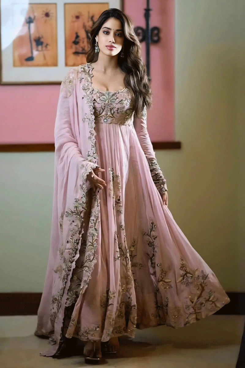 indian actress jahnvi kapoor pink colour gown for diwali