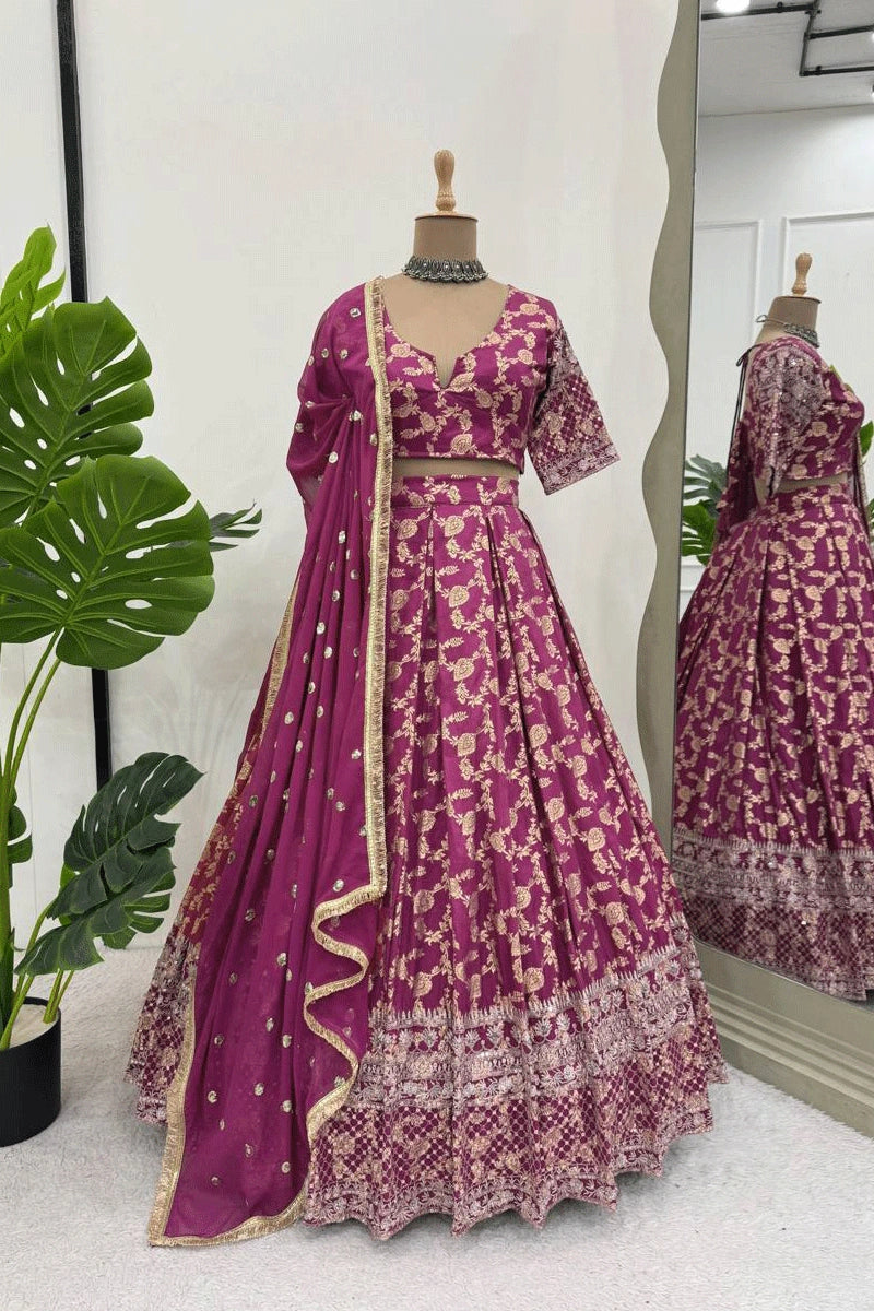 jacquard silk lehenga for women