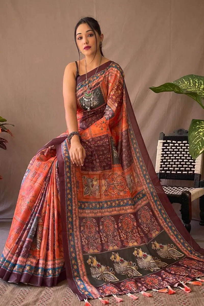 orange color kalamkari sarees