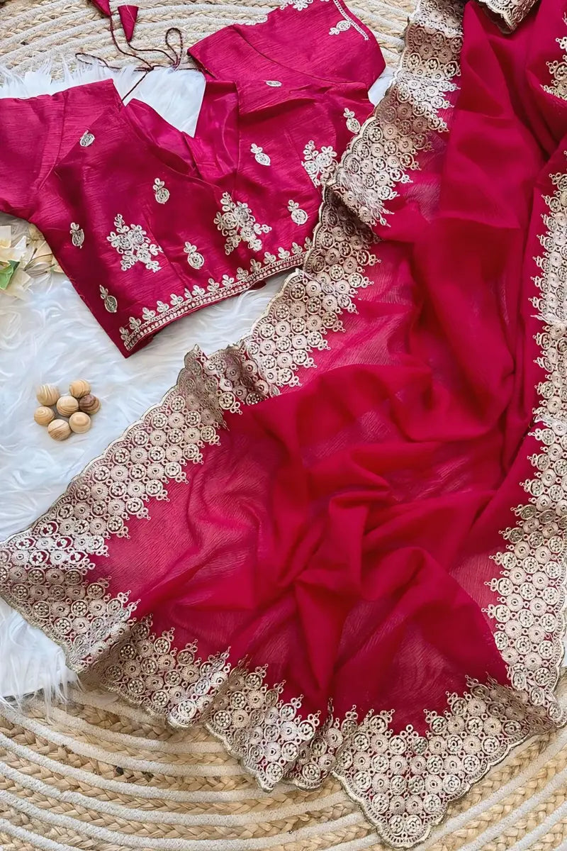 Red saree with golden border for karva chauth