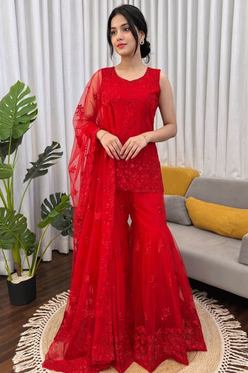 karwa chauth soft net sharara suit