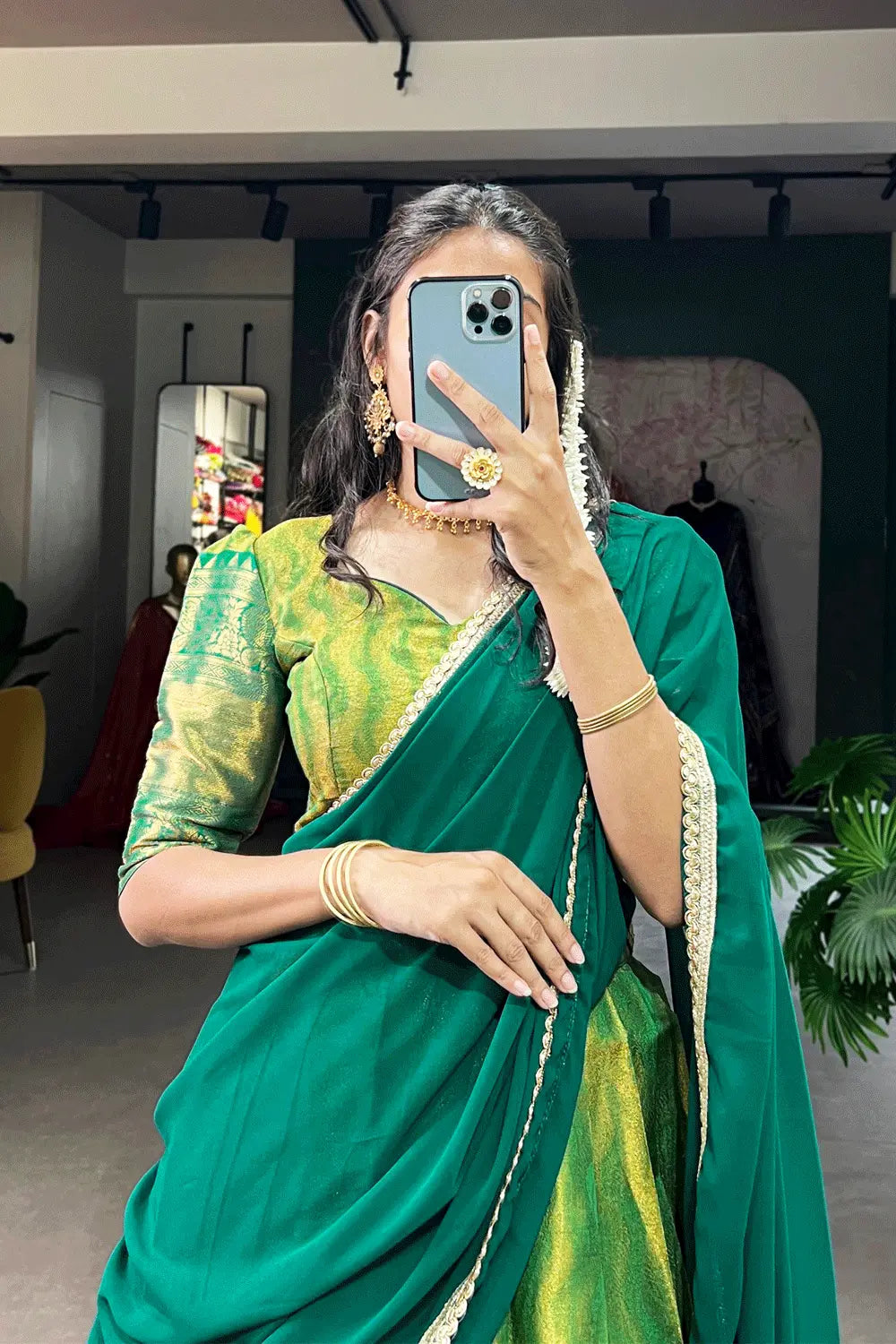 green traditional half saree online shopping