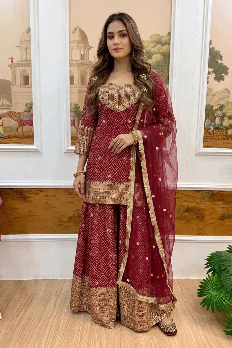 latest bandhani print palazzo dress for women
