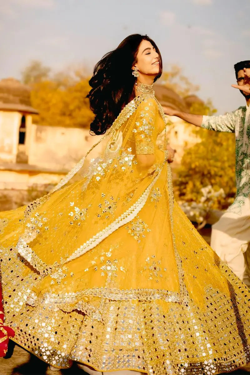 Yellow Lehnga with Paper Mirror Work For Bridal