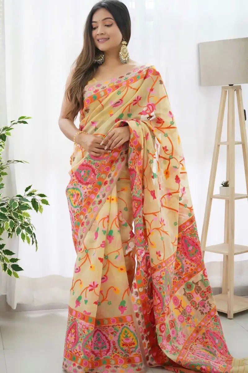 light yellow organza saree