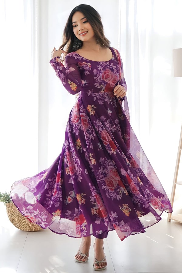 New Purple Colour Flower Print Gown Design - Anaya Designer Studio