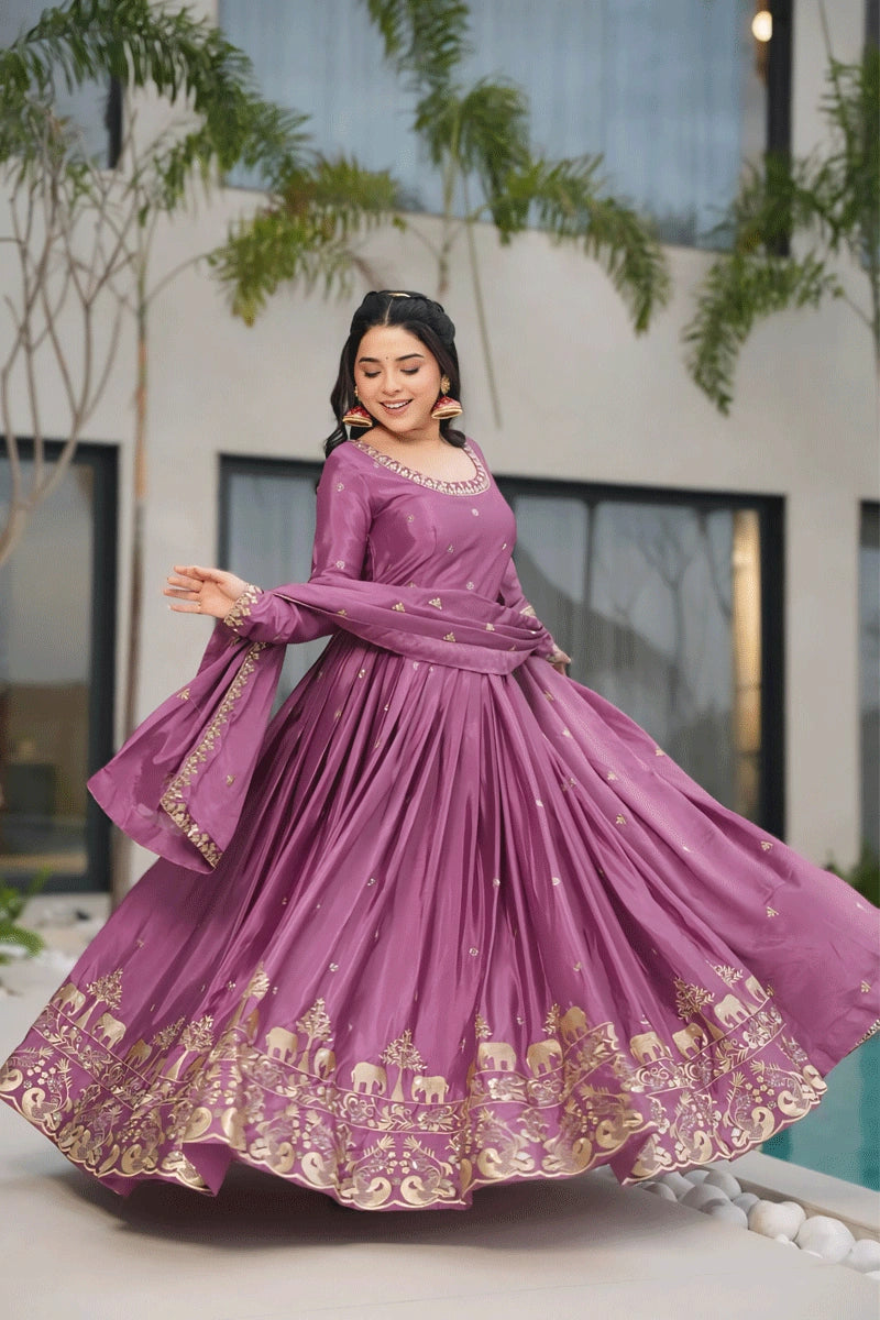 Full Sleeve Designer Long Gown For Reception - Anaya Designer Studio Purple / XXL Full Sleeve Designer Long Gown For Reception - Anaya Designer Studio Purple / XXL