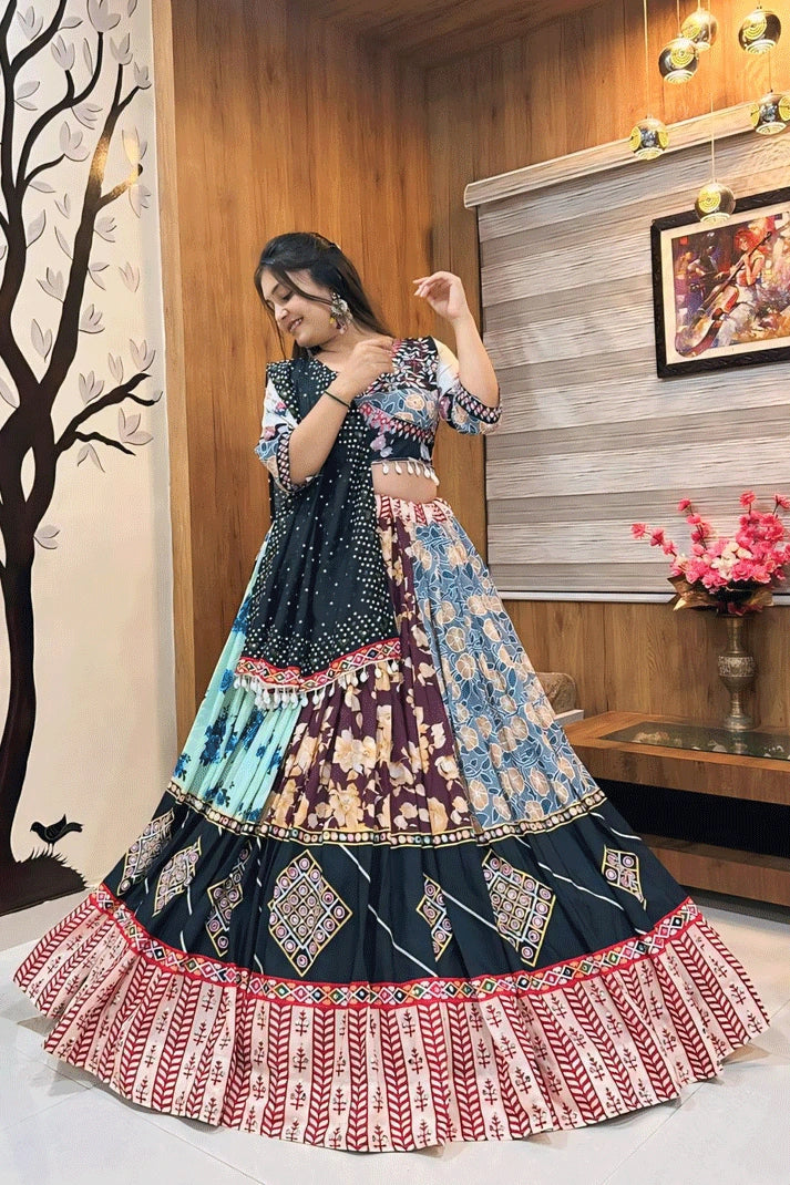 long half sleeve kaudi style blouse with lehenga for navratri