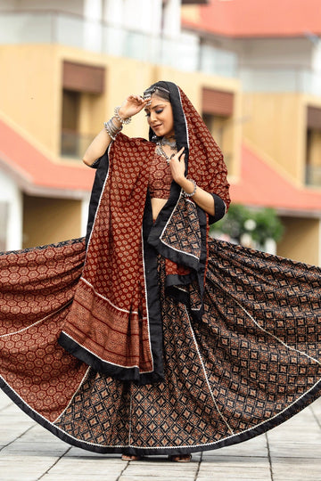 maroon and black printed lehenga