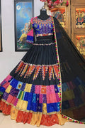 multi colour chaniya choli with gamthi work andblack dupatta