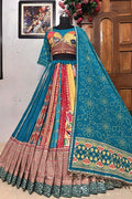 multi colour lehenga with blue bandhani dupatta For Navratri