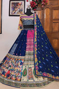 multi designer lehenga with blue dupatta