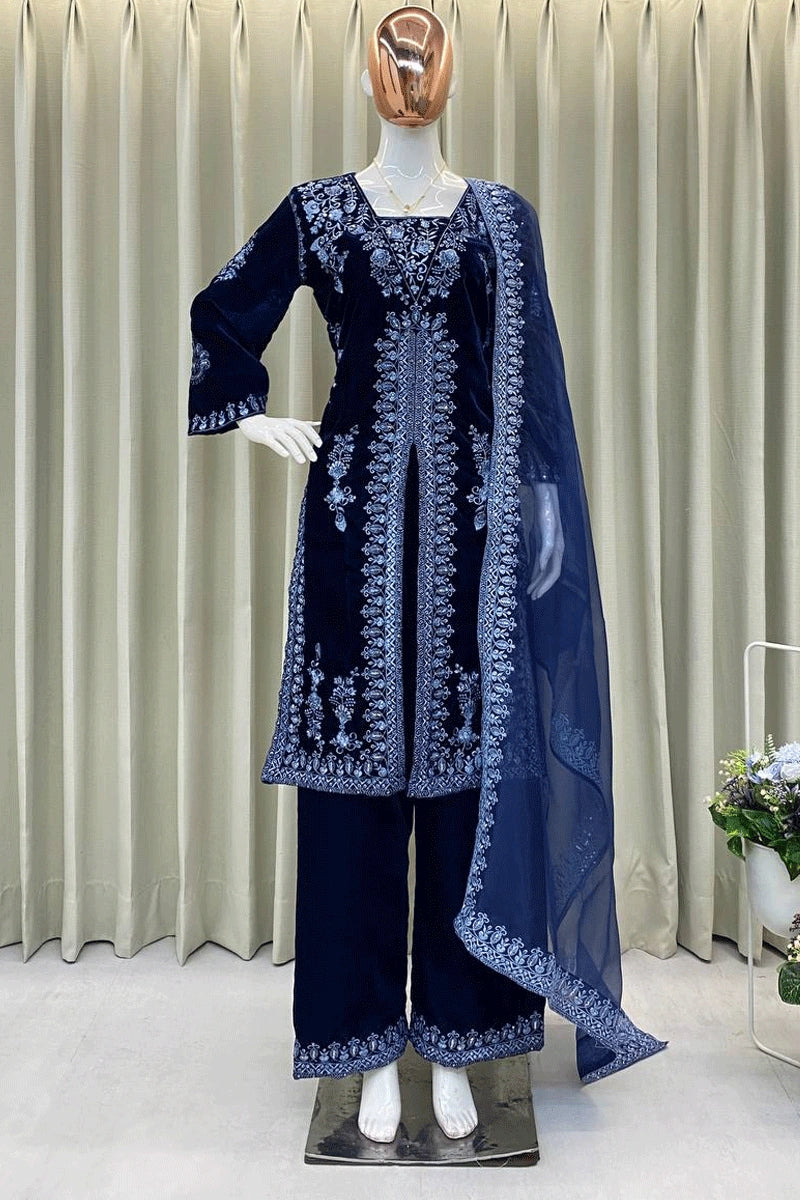 Navy Blue Color Punjabi Style Velvet Dress - Anaya Designer Studio Navy Blue Color Punjabi Style Velvet Dress - Anaya Designer Studio