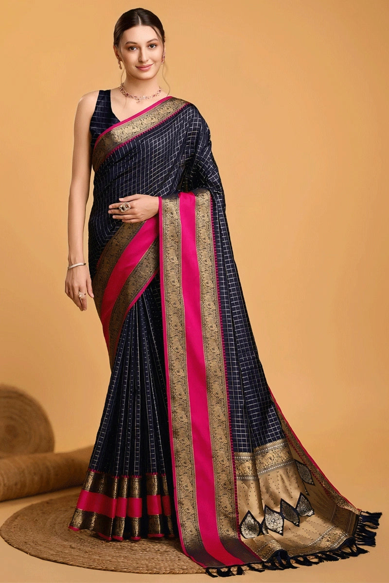navy blue color silk saree