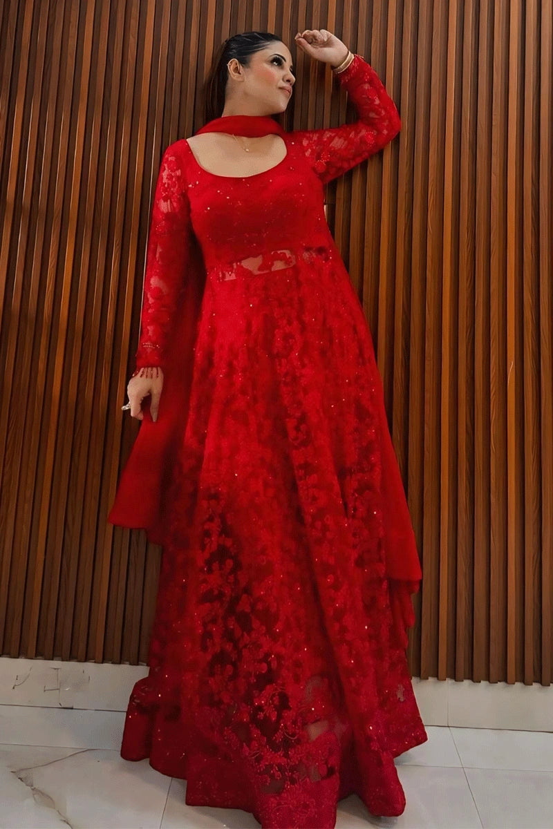 Flower Net Fabric Dress Design Net Fabric Long Red Colour Gown For