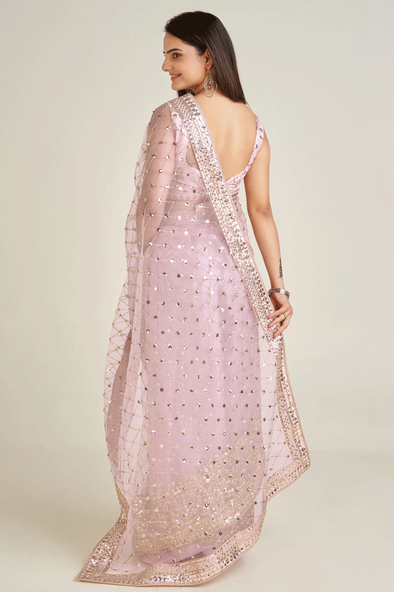 baby pink net fabric saree for reception