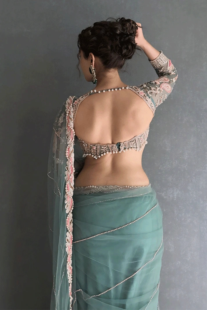 Sukhmani Gambhir open back style blouse pista saree