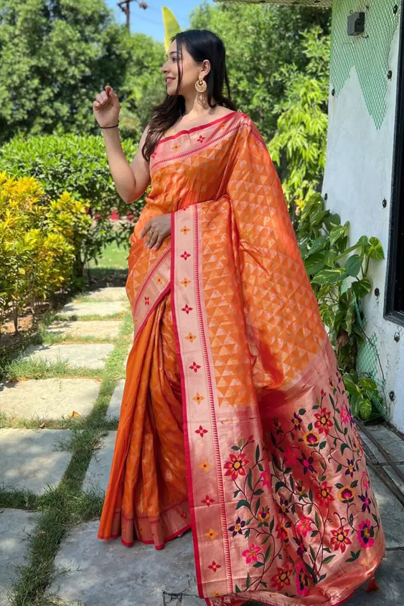 orange color paithani saree for girls