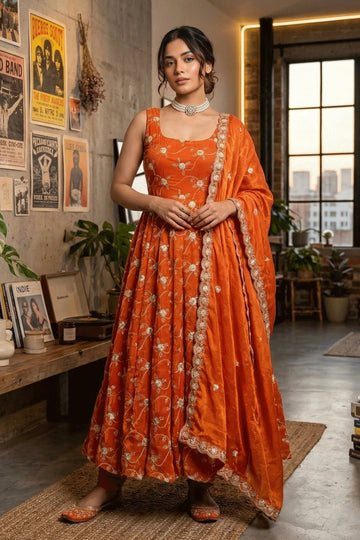orange anarkali suit for pooja