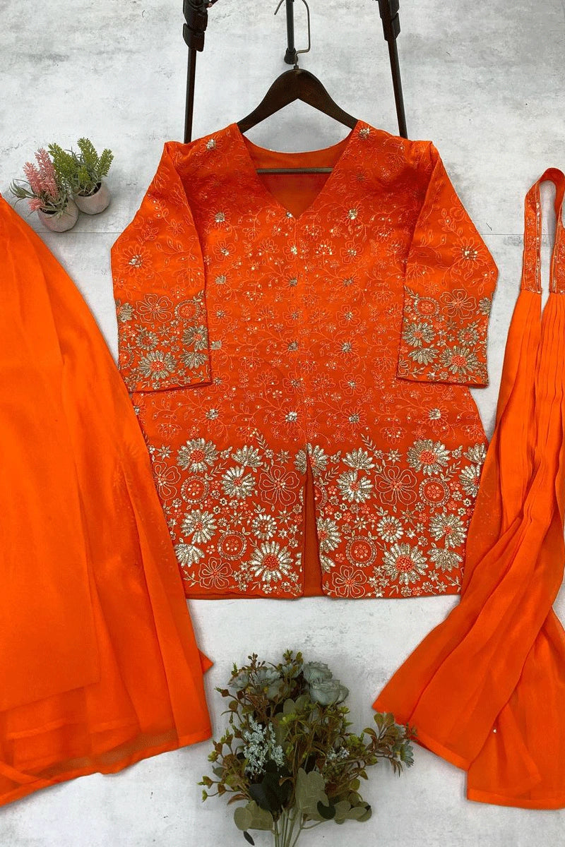 orange color jacket plazo for sangeet