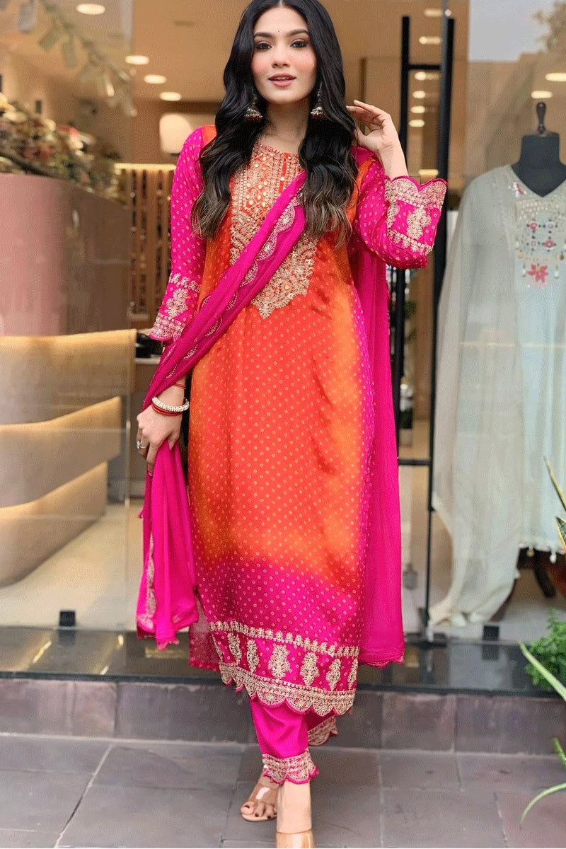 Pink Orange Full Sleeve Long Dress For Women