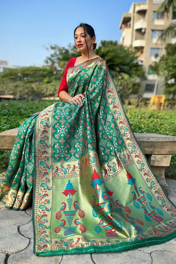 Green Paithani Saree With Red Border Online - Anaya Designer Studio