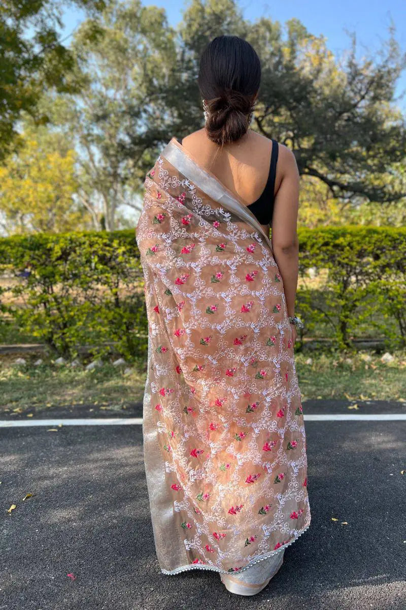 peach organza saree