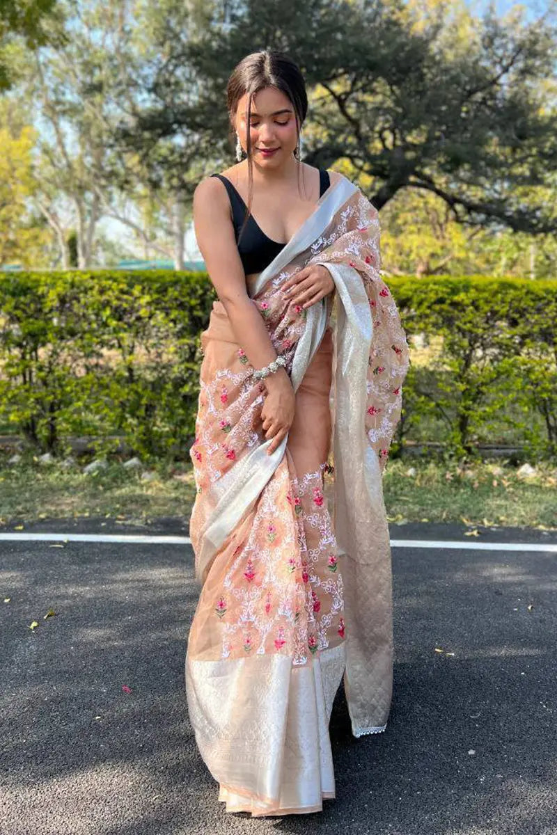 peach organza saree