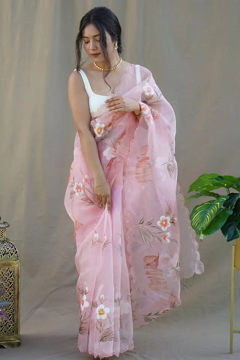 baby pink organza saree