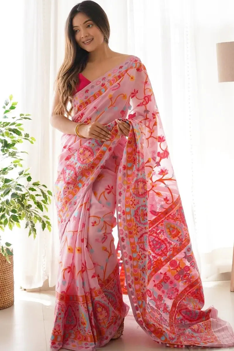 pink organza saree