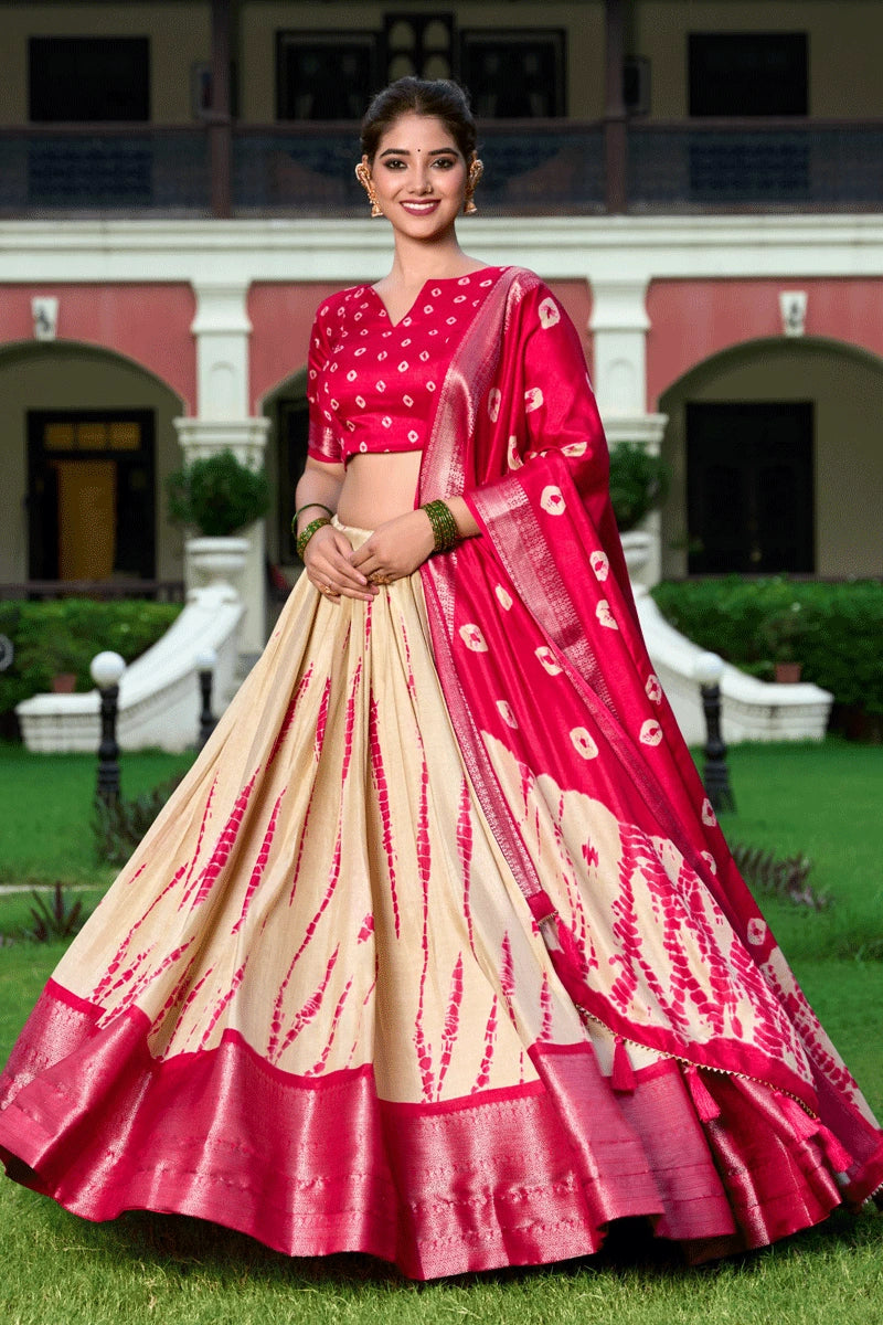 pink and cream colour half saree