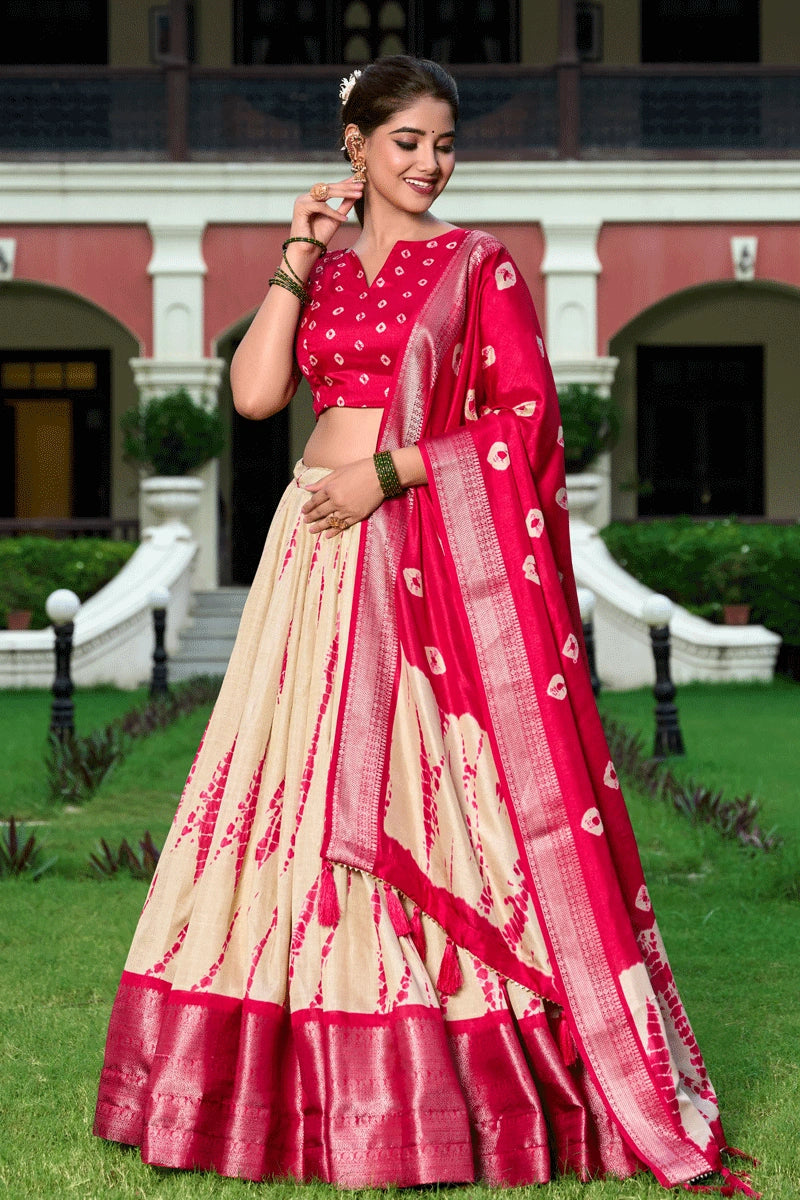 pink and cream colour half saree