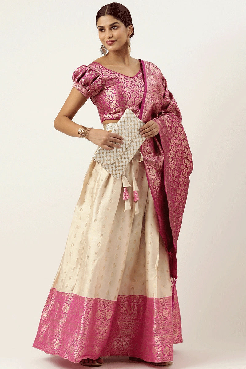 pink and cream colour half sarees