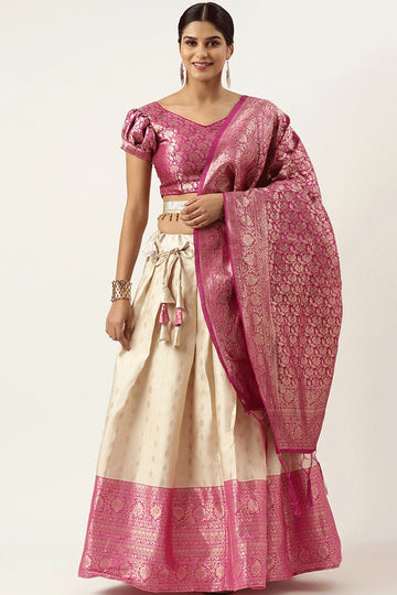 pink and cream colour silk half saree