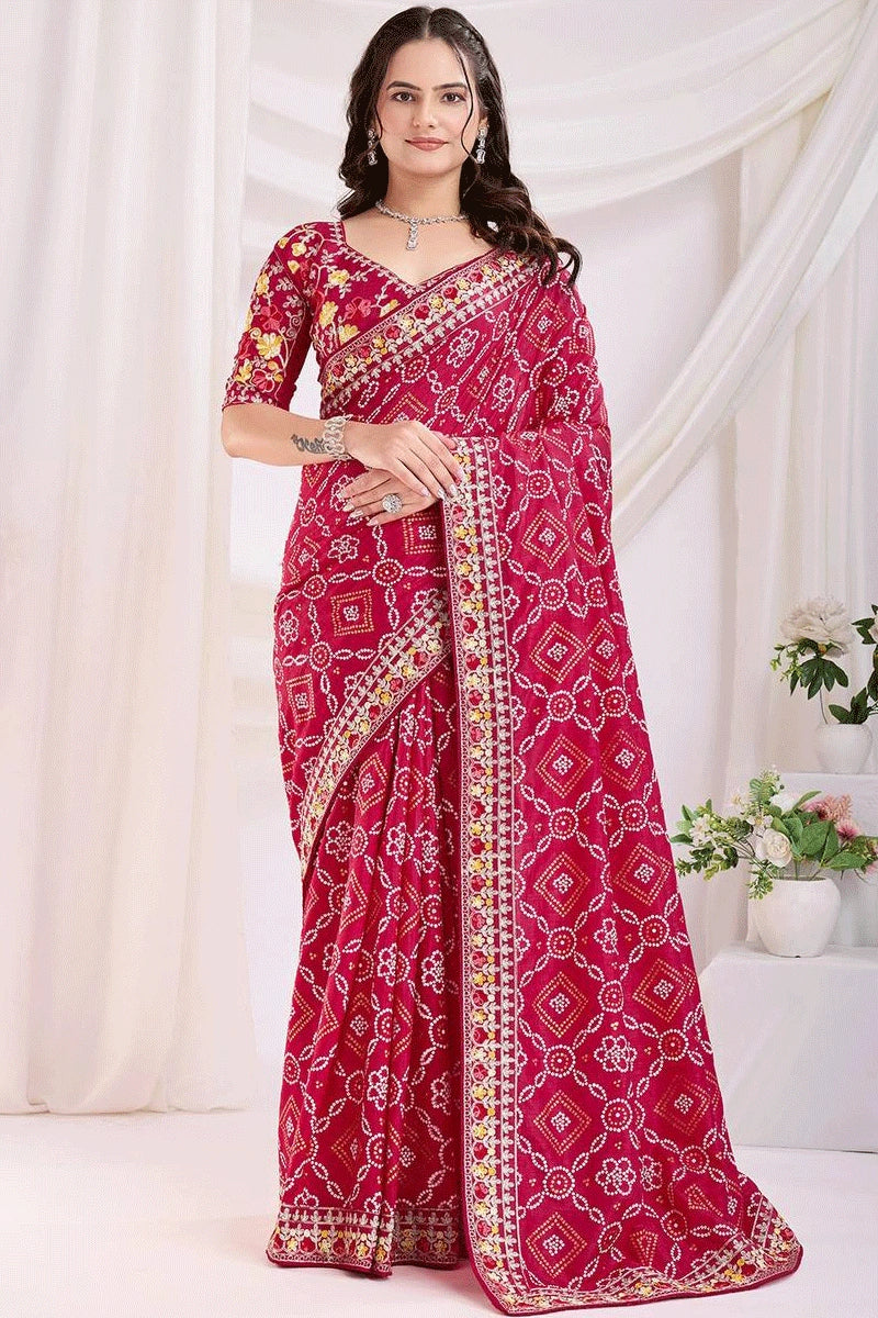 pink bandhani print saree