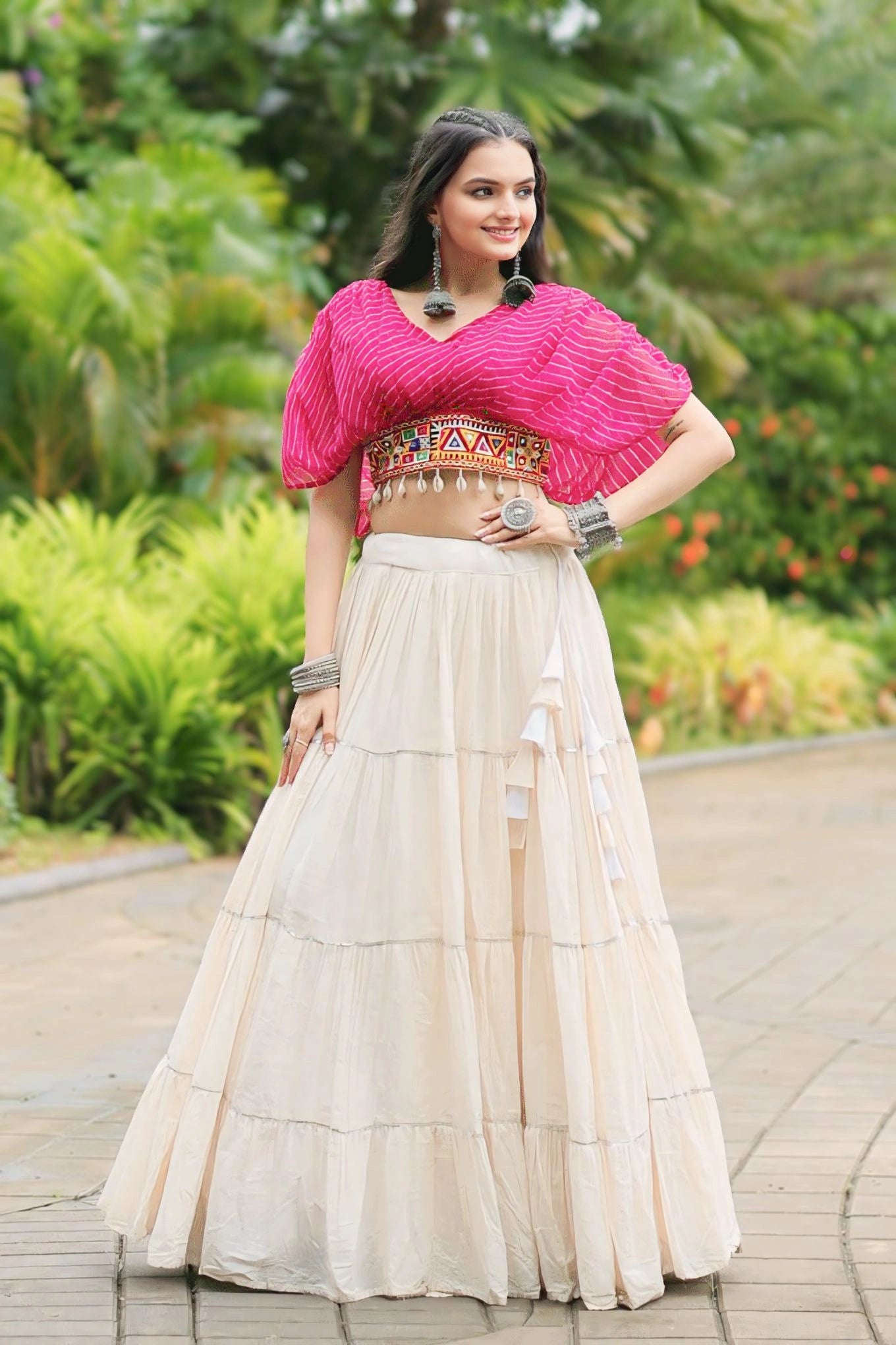 pink blouse wih white lehenga