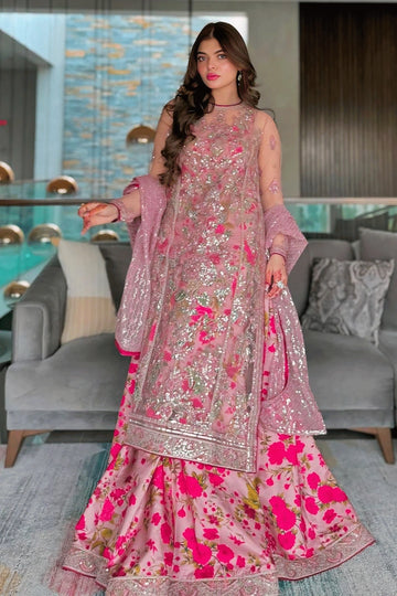 pink rose print lehenga for wedding