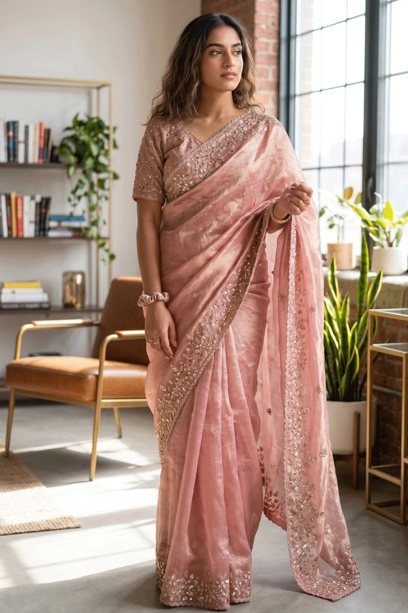baby pink satin silk saree