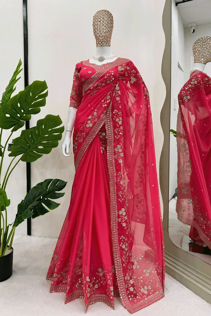 pink silk saree with heavy border  for karwa chauth