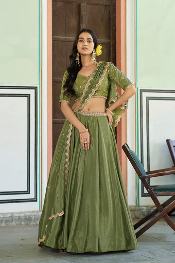 pista color chinon silk lehenga choli for wedding