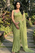 pista color net saree for farewell