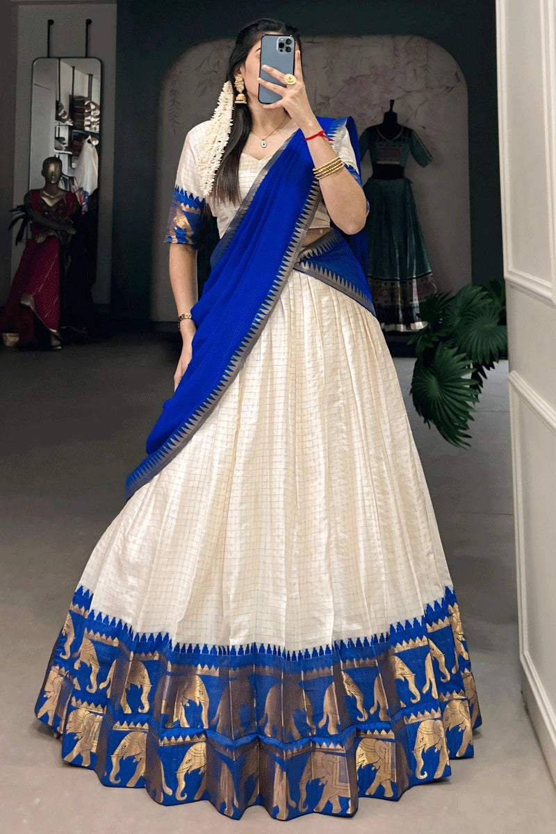 pongal festival cream and blue color half saree