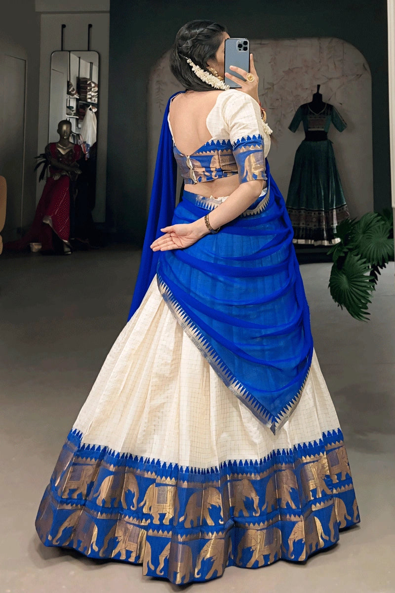 pongal festival cream and blue color half saree