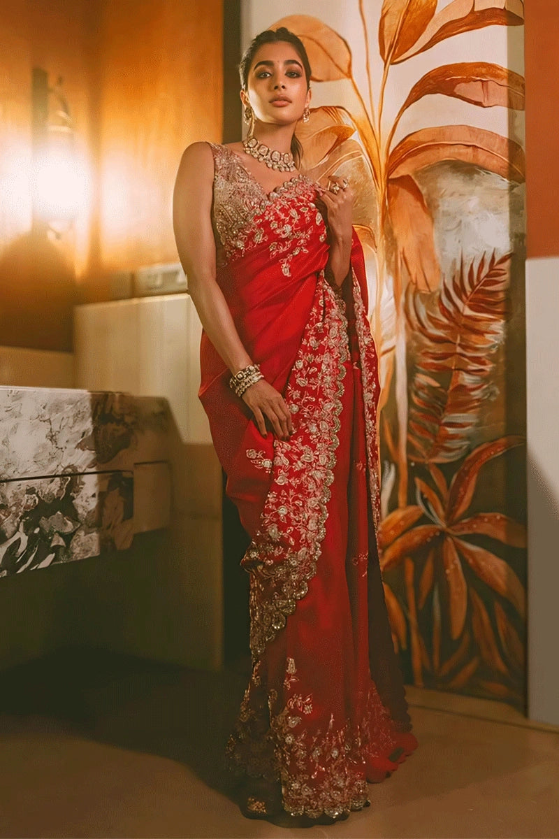 pooja hedge red saree