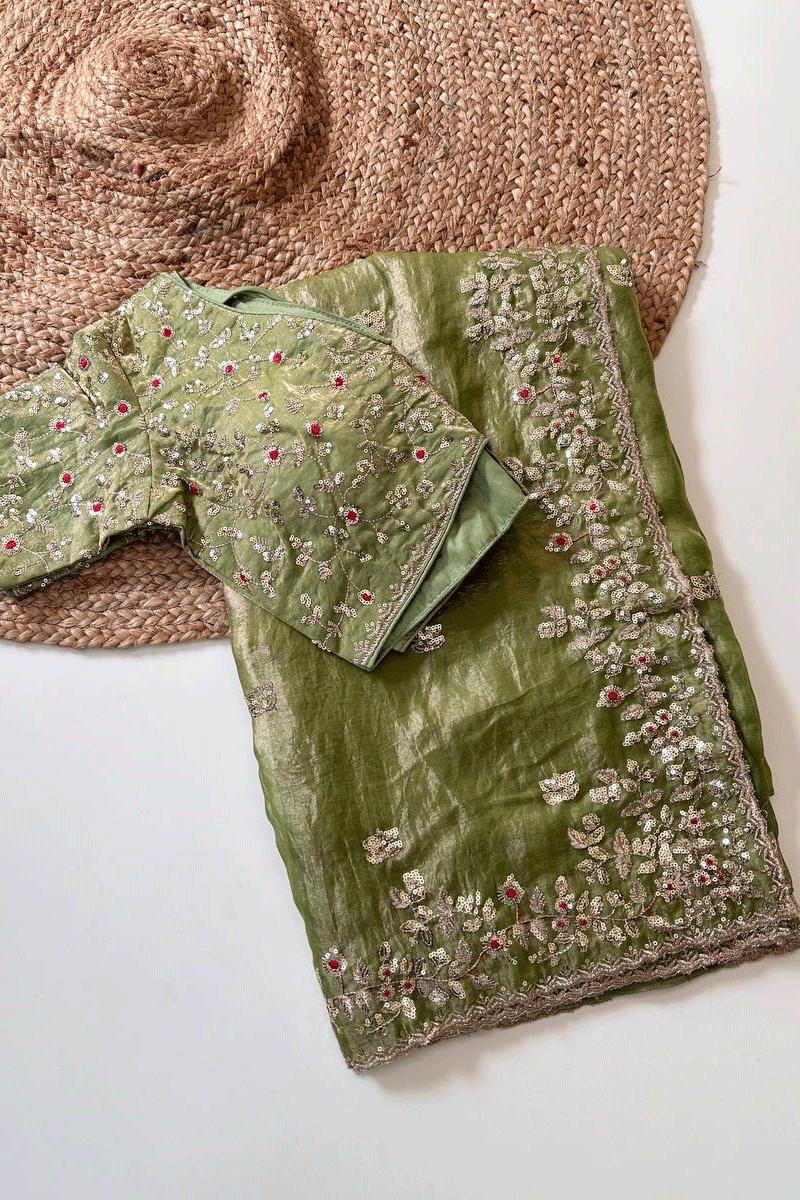 pre draped pista saree