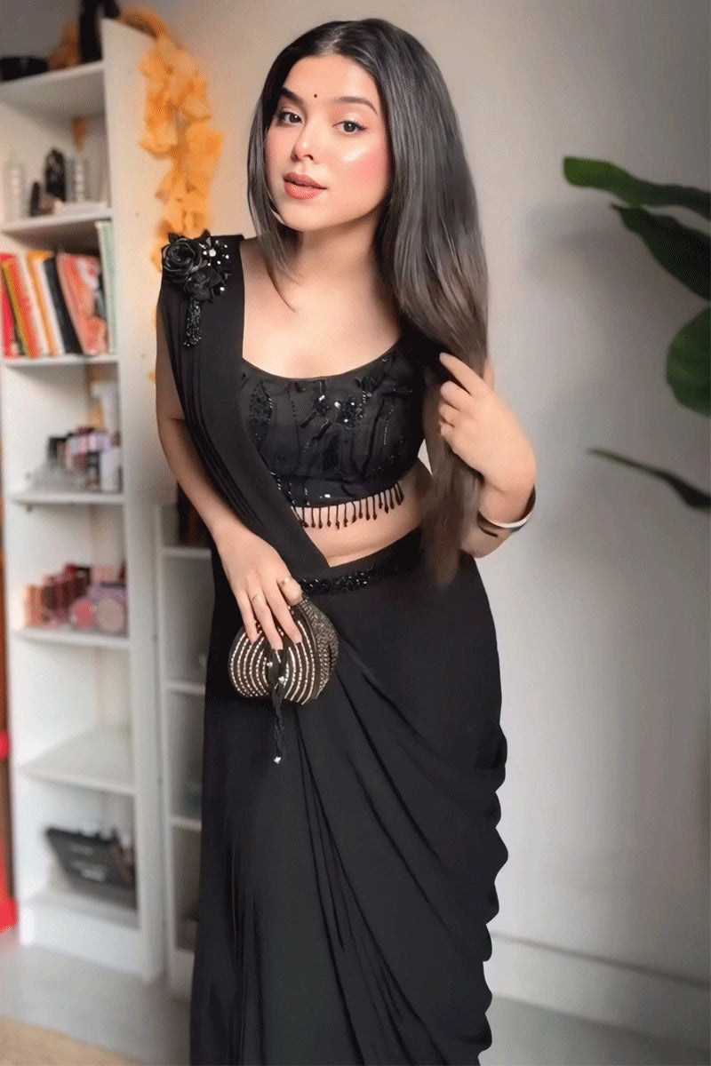 Pre Draped Ready To Wear Black Saree For Farewell Anaya Designer Studio pre-draped-ready-to-wear-black-saree-for-farewell-anaya-designer-studio