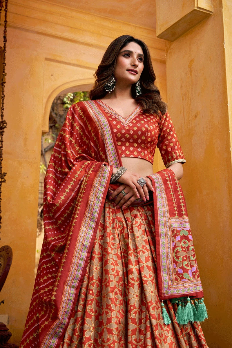 printed silk lehenga for women