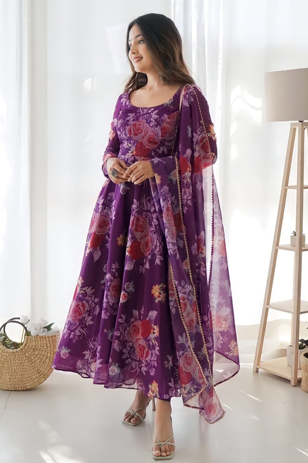 New Purple Colour Flower Print Gown Design - Anaya Designer Studio