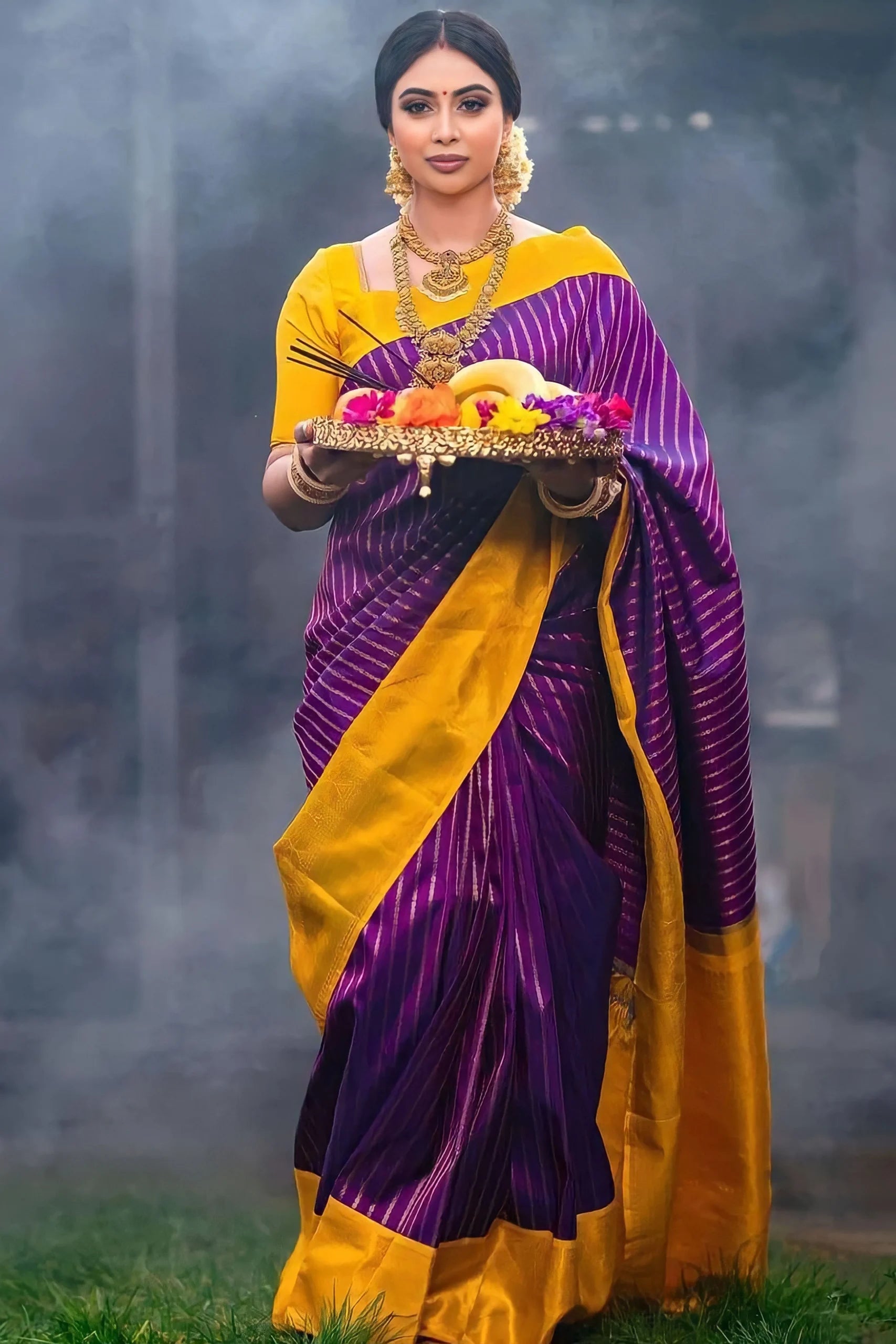 purple saree for pooja path