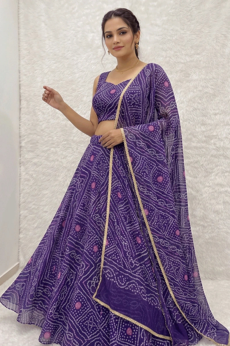 purple bandhani lehenga choli
georgette bandhani lehenga